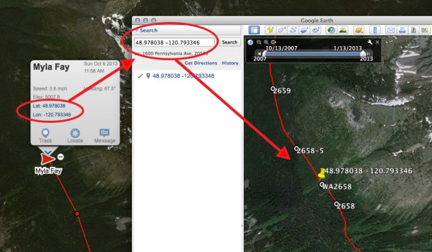 Entering the latitude and longitude from a Delorme inReach satellite message in Google Earth with Halfmile data.