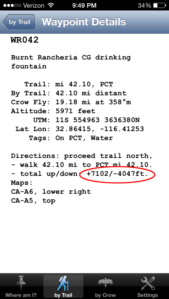 Here the Halfmile smartphone app estimates an elevation gain of 7,102 feet and a loss of 4,047 feet from the Southern Terminus to the water fountain on Mt Laguna near Burn Rancheria Campground.
